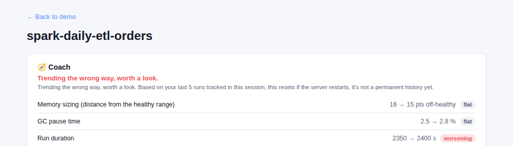 opti-pipe Coach panel: memory sizing, GC pause time, and run duration trending across a pipeline's recent runs